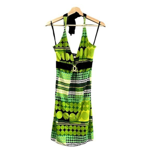 WETSEAL Night Out Mini Dress‎ Green Size Medium multi print Y2K halter